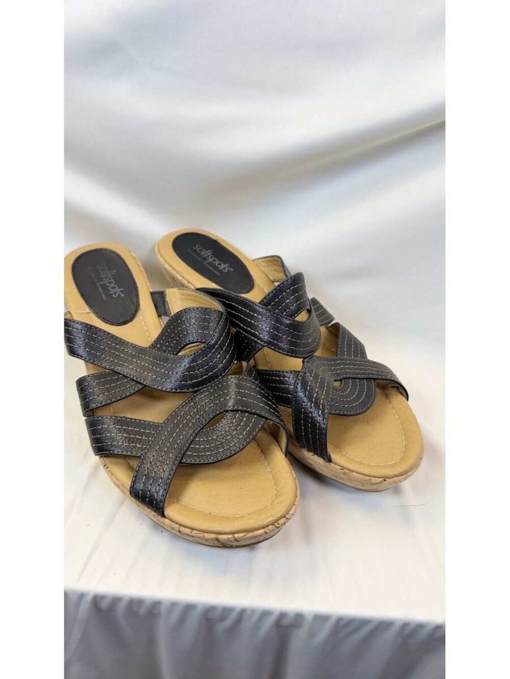 Softspots Women’s Shoes Black Contrast Stich Leather Slide Sandals Wedges Sz 10